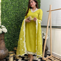 Women Embroidered Straight Kurta Set with Dupatta in Lime Color