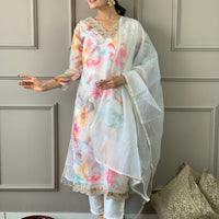 Floral Design Off White Kurta Set with Bottom and Dupatta