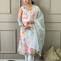 Floral Design Off White Kurta Set with Bottom and Dupatta