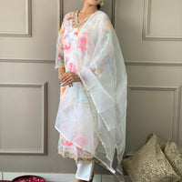 Floral Design Off White Kurta Set with Bottom and Dupatta