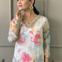 Floral Design Off White Kurta Set with Bottom and Dupatta