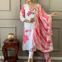 Designer White Floral Kurta Set with Bottom and Dupatta