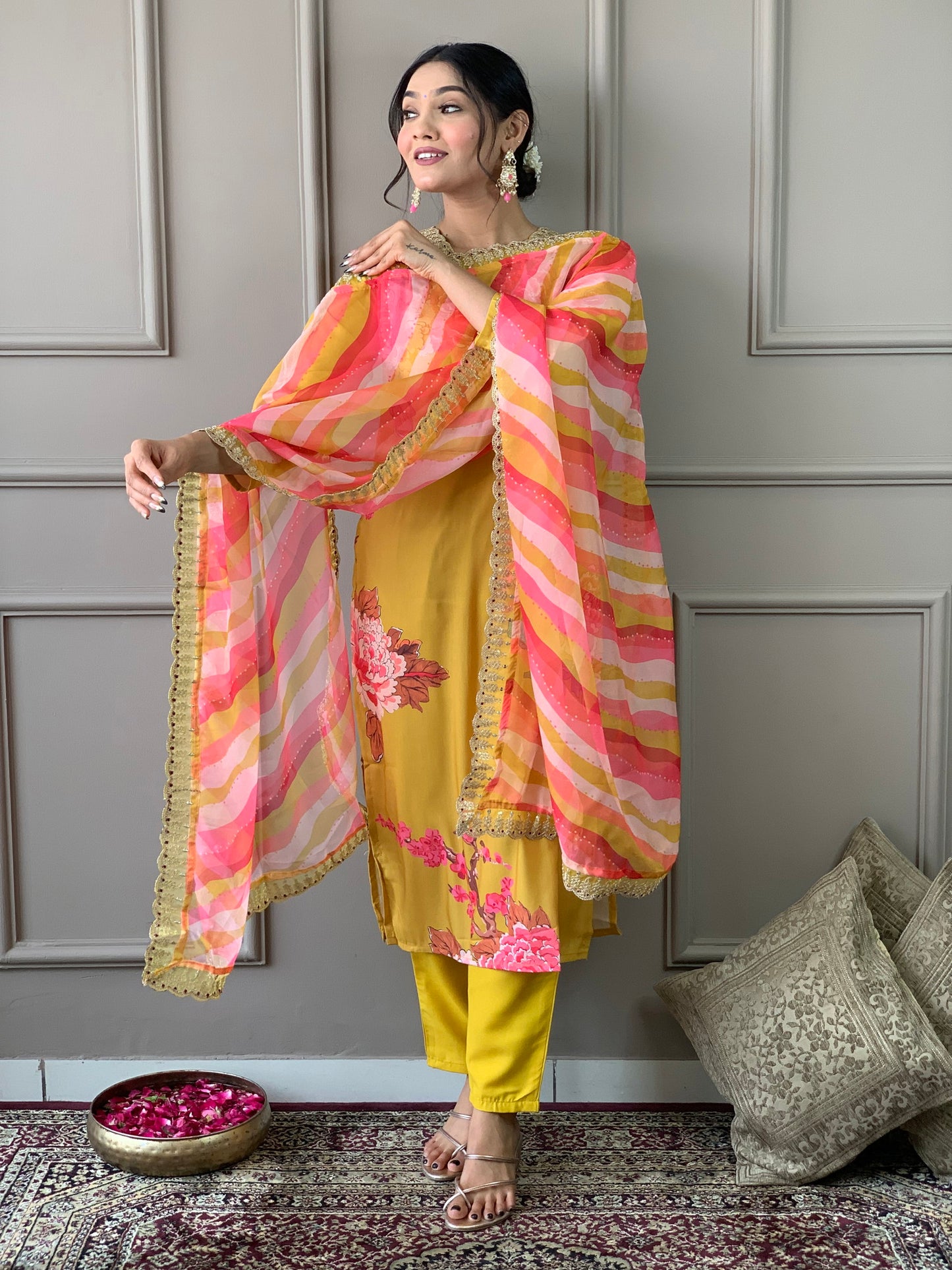 Floral Printed Straight Kurta with Botton and Dupatta