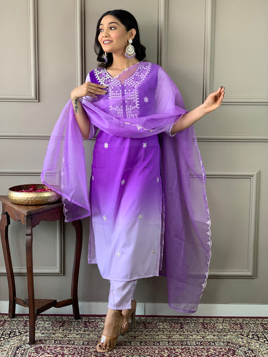 Women Straight Embroidered Kurta with Bottom and Dupatta