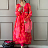 Women Anarkali Printed Kurta Pent Set with Dupatta