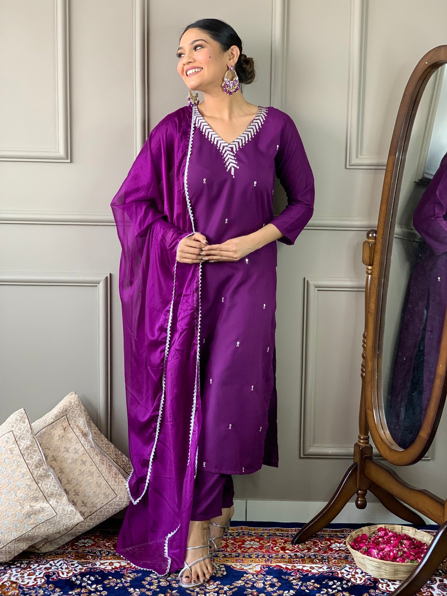 Rayon Sequence Worked Straight Kurta with Bottom and Dupatta Set