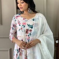 Floral Design Off White Kurta Set with Bottom and Dupatta