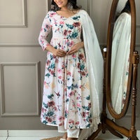 Floral Design Off White Kurta Set with Bottom and Dupatta