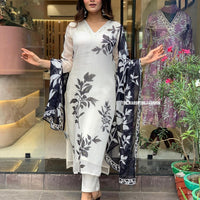 Floral Design Off White Kurta Set with Bottom and Dupatta