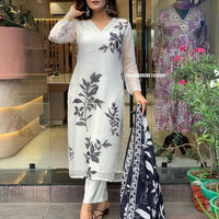 Floral Design Off White Kurta Set with Bottom and Dupatta