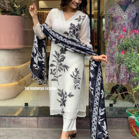 Floral Design Off White Kurta Set with Bottom and Dupatta