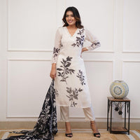 Floral Design Off White Kurta Set with Bottom and Dupatta