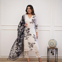 Floral Design Off White Kurta Set with Bottom and Dupatta