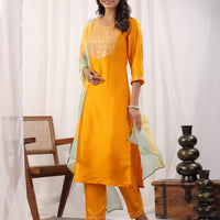 Yellow Embroidered Kurta with Trousers with Dupatta