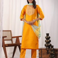 Yellow Embroidered Kurta with Trousers with Dupatta