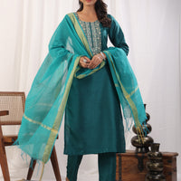 Teal Embroidered Straight Kurta Paired With Bottom and Dupatta