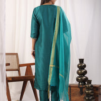 Teal Embroidered Straight Kurta Paired With Bottom and Dupatta