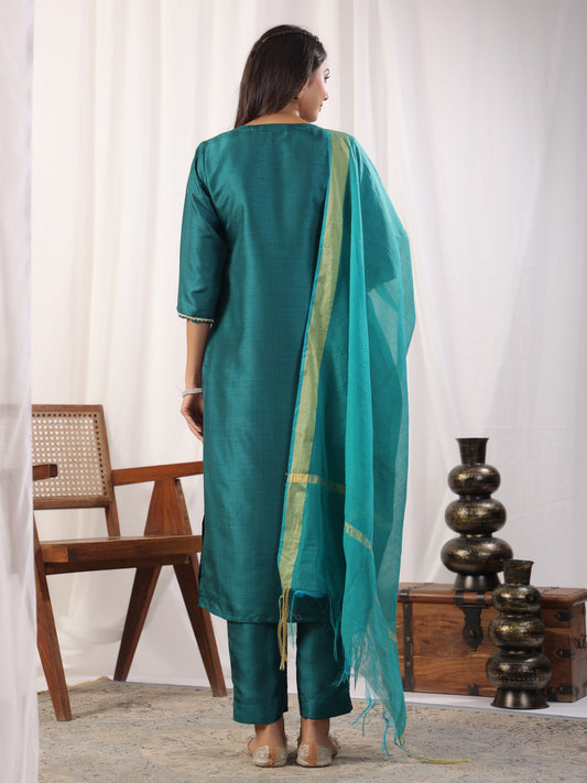 Teal Embroidered Straight Kurta Paired With Bottom and Dupatta