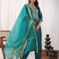 Teal Embroidered Straight Kurta Paired With Bottom and Dupatta