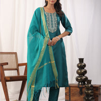 Teal Embroidered Straight Kurta Paired With Bottom and Dupatta