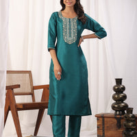 Teal Embroidered Straight Kurta Paired With Bottom and Dupatta