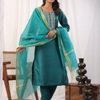 Teal Embroidered Straight Kurta Paired With Bottom and Dupatta