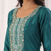 Teal Embroidered Straight Kurta Paired With Bottom and Dupatta