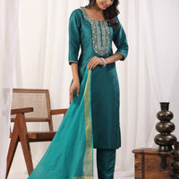 Teal Embroidered Straight Kurta Paired With Bottom and Dupatta