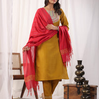 Solid Straight Round Neck Silk Kurta Pant Set With Dupatta