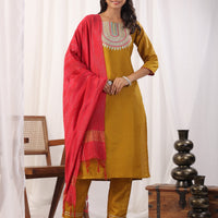 Solid Straight Round Neck Silk Kurta Pant Set With Dupatta