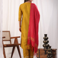 Solid Straight Round Neck Silk Kurta Pant Set With Dupatta