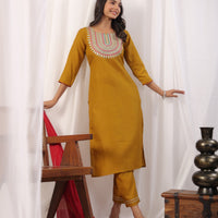 Solid Straight Round Neck Silk Kurta Pant Set With Dupatta