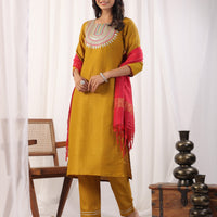 Solid Straight Round Neck Silk Kurta Pant Set With Dupatta