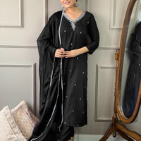 Designer Kurta set with Bottom Pant and Plain Dupatta in Black Color