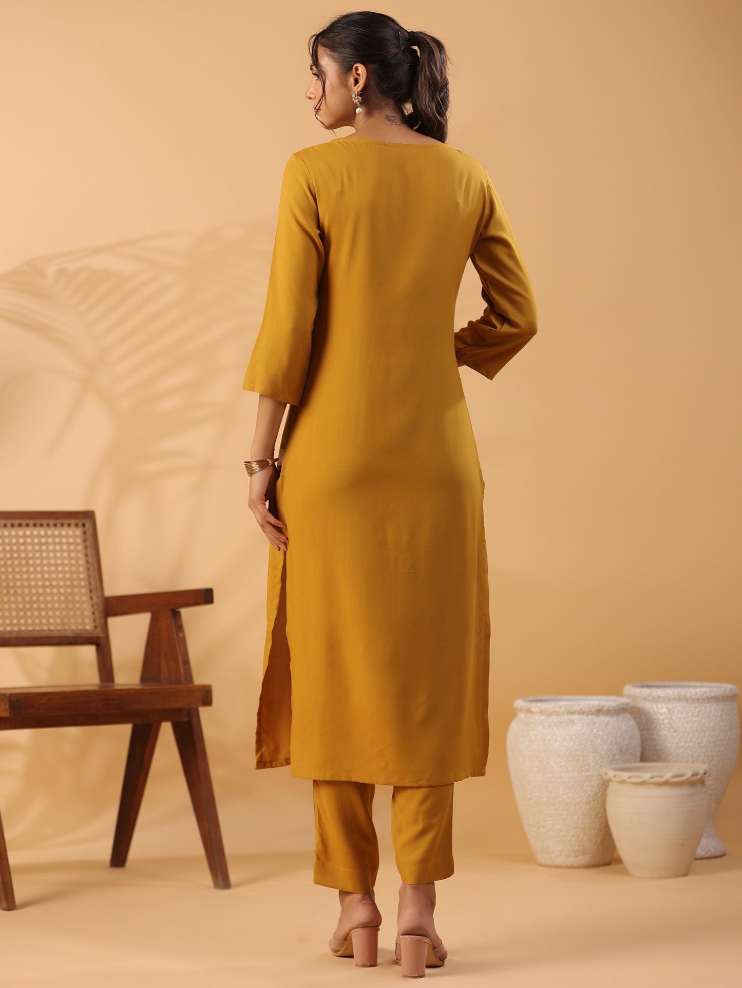 Mustard yellow Round Neck Straight Kurta With Trouser