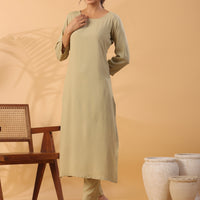 Beige Boat Neck Straight Kurta with Trousers