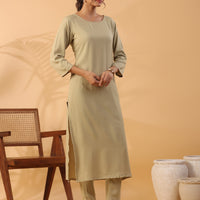 Beige Boat Neck Straight Kurta with Trousers