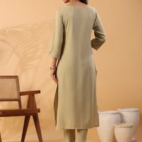 Beige Boat Neck Straight Kurta with Trousers