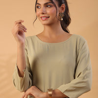 Beige Boat Neck Straight Kurta with Trousers