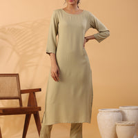 Beige Boat Neck Straight Kurta with Trousers