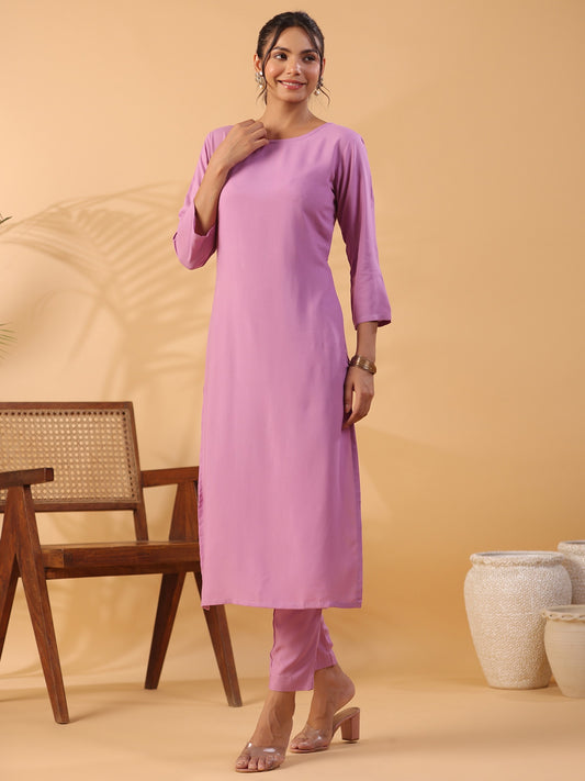 Mauve Colour Round Neck Straight Kurta With Trouser