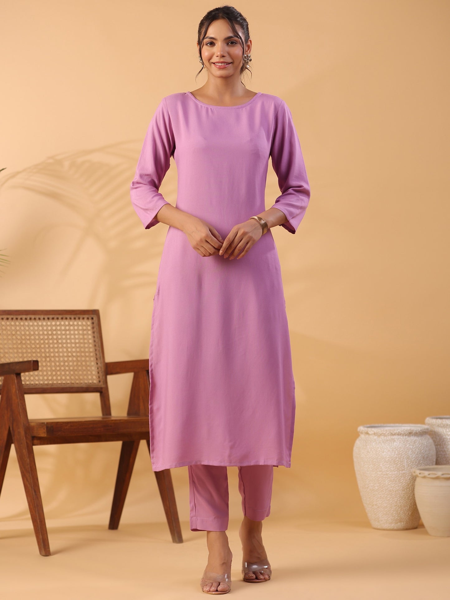 Mauve Colour Round Neck Straight Kurta With Trouser