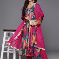 Women Floral Print Flared Kurta with Pants And Dupatta