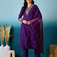 Embroidered V-Neck Straight Kurta with Pants and Dupatta