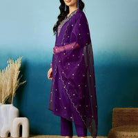 Embroidered V-Neck Straight Kurta with Pants and Dupatta