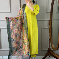 Lemon Yellow Viscose Silk Straight Kurta with bottom and dupatta