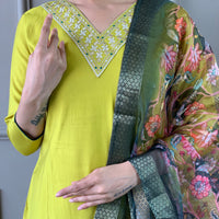 Lemon Yellow Viscose Silk Straight Kurta with bottom and dupatta