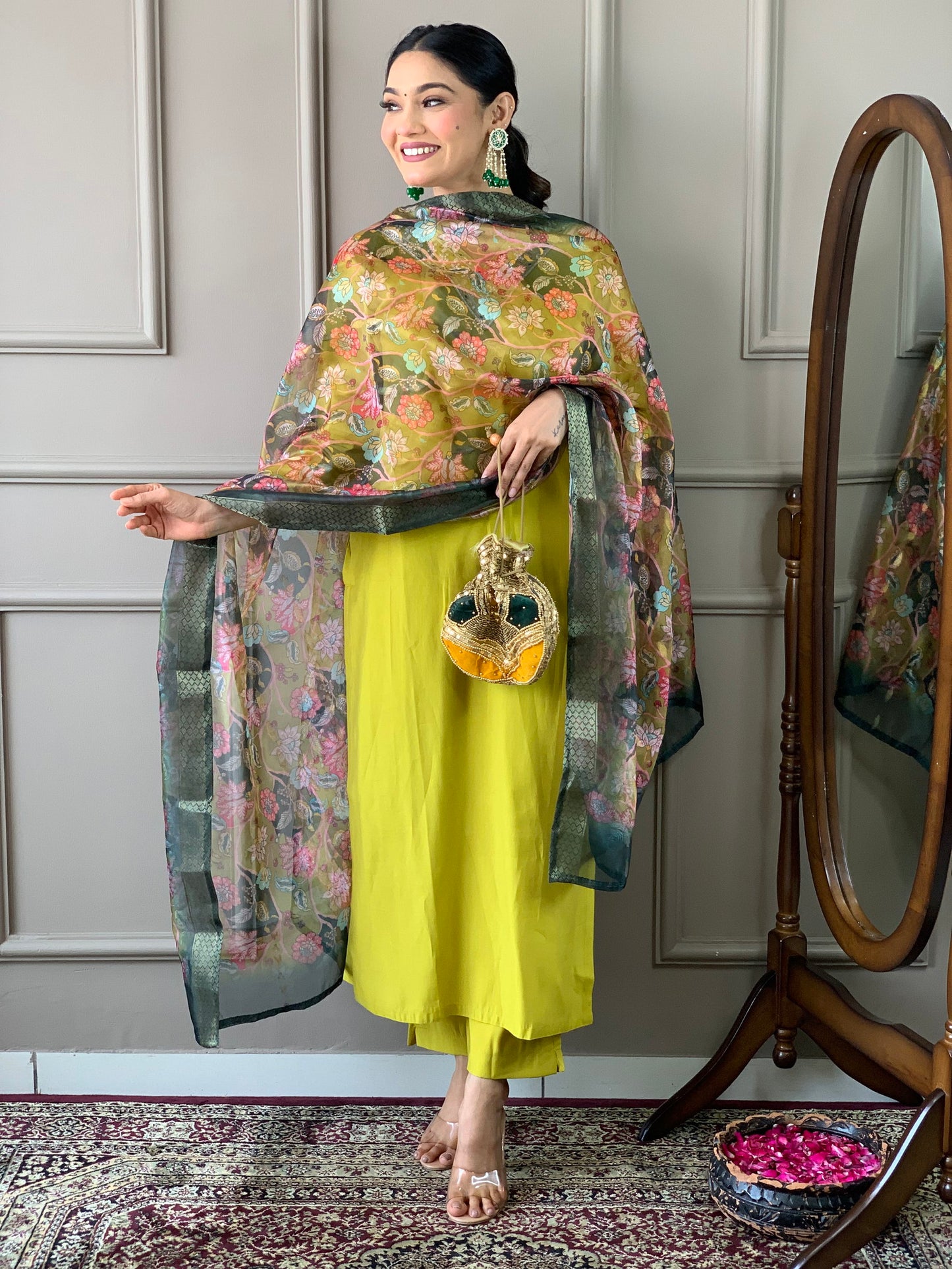 Lemon Yellow Viscose Silk Straight Kurta with bottom and dupatta