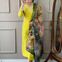 Lemon Yellow Viscose Silk Straight Kurta with bottom and dupatta