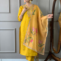 Mustard Classic Embroidery Design Kurta With Pant and Dupatta